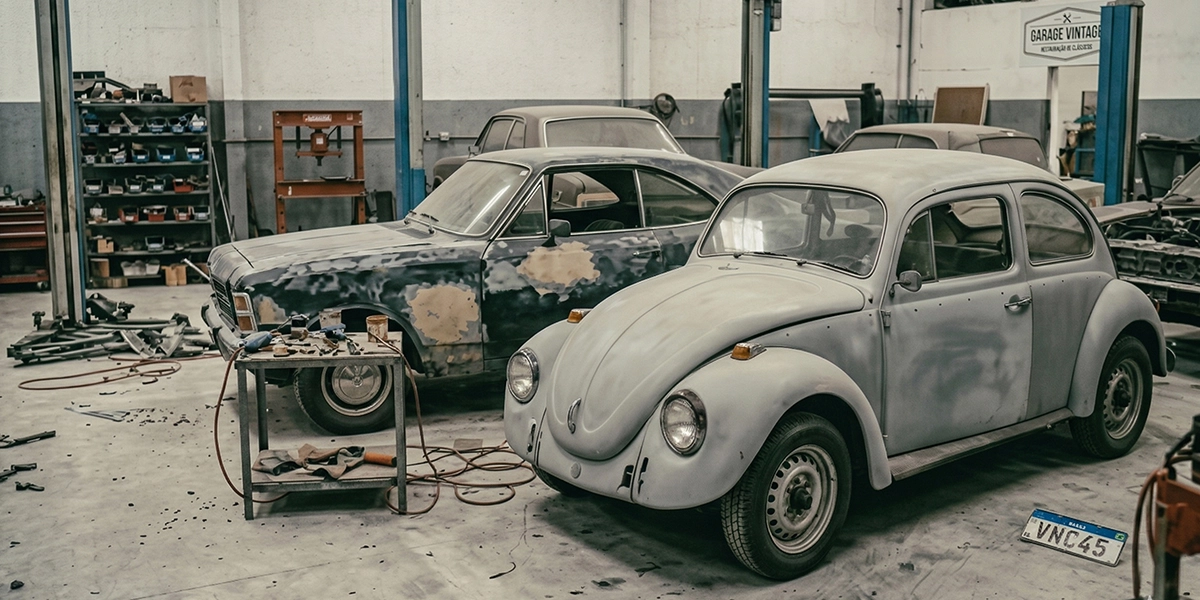 Opala preto e Fusca na oficina AutoCar Vassoler em Marialva — funilaria e pintura automotiva.