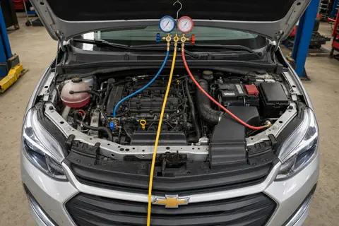 Chevrolet em serviço de ar condicionado automotivo com conjunto manifold e mangueiras de diagnóstico na AutoCar Vassoler — oficina em Marialva, PR.