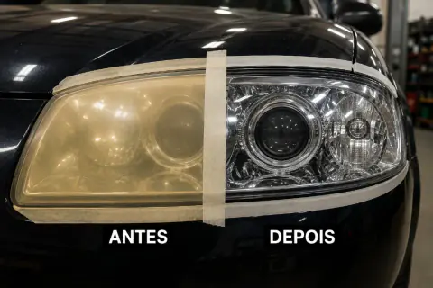 Comparação antes e depois do polimento de farol — restauração de transparência na AutoCar Vassoler em Marialva.